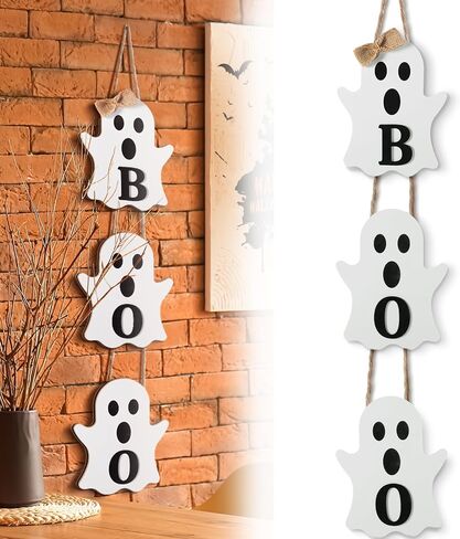 علامة شماعة باب خشبية من Vicenpal Halloween Ghost Boo، ديكور شبح لطيف كبير للباب الأمامي وساحة الجدار داخلي/خارجي لتزيين حفلات الهالوين (كلاسيكي) in Kuwait