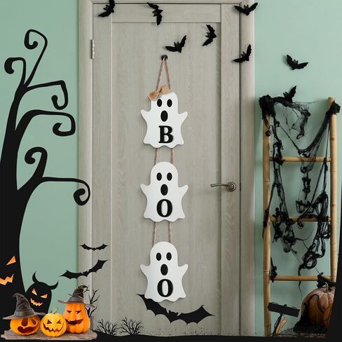 علامة شماعة باب خشبية من Vicenpal Halloween Ghost Boo، ديكور شبح لطيف كبير للباب الأمامي وساحة الجدار داخلي/خارجي لتزيين حفلات الهالوين (كلاسيكي) in Kuwait
