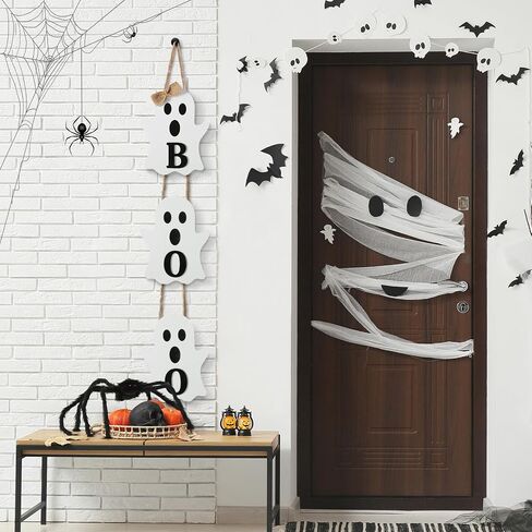 علامة شماعة باب خشبية من Vicenpal Halloween Ghost Boo، ديكور شبح لطيف كبير للباب الأمامي وساحة الجدار داخلي/خارجي لتزيين حفلات الهالوين (كلاسيكي) in Kuwait