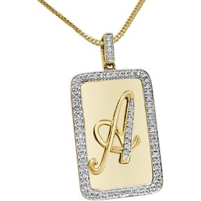Real Genuine Authentic Natural Diamond Initial Letter Alphabet Dog Tag Unisex Pendant Charm Chain Neckless Set 10K Gold On Mini Small 1.25" in Saudi Arabia