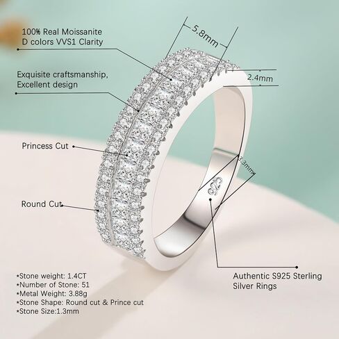 Moissanite Wedding Bands for Women Eternity Rings Round Princess Cut 925 Sterling Silver Engagement Anniversary Size 5-10 in Saudi Arabia