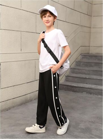 Boy's Striped Side Snap Wide Leg Sweatpants Bowknot Elastic Waist Sports Pants Trousers in Saudi Arabia