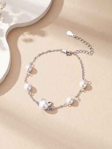 Sterling Silver Pearl Cat Bracelets Cute Kawaii Kitty Bracelet Cat Lover Gifts for Women in Saudi Arabia