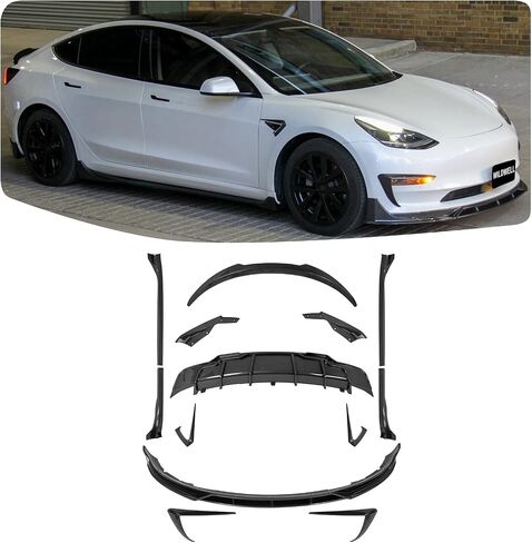 طقم الجسم الكامل من WildWell لطراز Tesla 2017-2023 3، جناح خلفي، ناشر خلفي، شفة أمامية، تنانير جانبية، زخارف مصابيح الضباب موديل 3 ملحقات مطلية بألياف الكربون in Saudi Arabia