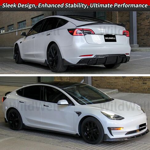 طقم الجسم الكامل من WildWell لطراز Tesla 2017-2023 3، جناح خلفي، ناشر خلفي، شفة أمامية، تنانير جانبية، زخارف مصابيح الضباب موديل 3 ملحقات مطلية بألياف الكربون in Saudi Arabia
