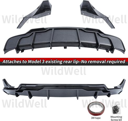 طقم الجسم الكامل من WildWell لطراز Tesla 2017-2023 3، جناح خلفي، ناشر خلفي، شفة أمامية، تنانير جانبية، زخارف مصابيح الضباب موديل 3 ملحقات مطلية بألياف الكربون in Saudi Arabia