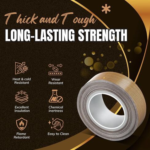 شريط تيفلون عالي الحرارة من Flexzion - 13 مم × 10 متر (0.5 بوصة × 32.8 قدم) شريط PTFE من نسيج الألياف الزجاجية تيفلون المدعوم بشريط PTFE لسداد الفراغ، وسداد النبض، وتغليف المواد الغذائية، وختم الحرارة والاستخدام الصناعي in Saudi Arabia