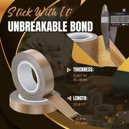 شريط تيفلون عالي الحرارة من Flexzion - 13 مم × 10 متر (0.5 بوصة × 32.8 قدم) شريط PTFE من نسيج الألياف الزجاجية تيفلون المدعوم بشريط PTFE لسداد الفراغ، وسداد النبض، وتغليف المواد الغذائية، وختم الحرارة والاستخدام الصناعي in Saudi Arabia