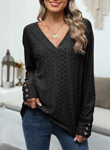 Dokotoo Women's Tops Dressy Casual V Neck Long Sleeve Buttons Hollow Out Lace Embroidered Blouses Shirts in Saudi Arabia