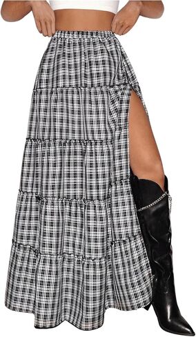 Verdusa Women's Ruffle Gingham Plaid Long Skirt Flowy Casual Split Thigh Elastic Waist Maxi Skirts in Saudi Arabia