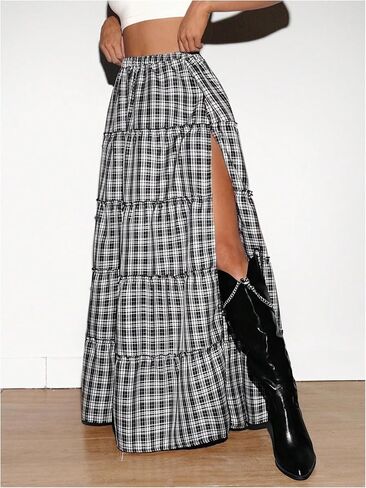 Verdusa Women's Ruffle Gingham Plaid Long Skirt Flowy Casual Split Thigh Elastic Waist Maxi Skirts in Saudi Arabia