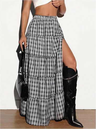 Verdusa Women's Ruffle Gingham Plaid Long Skirt Flowy Casual Split Thigh Elastic Waist Maxi Skirts in Saudi Arabia