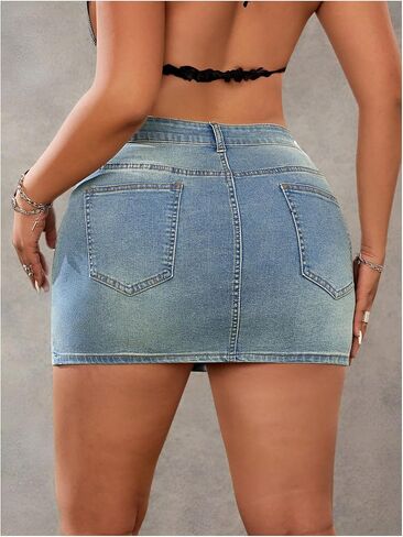 MakeMeChic Women's Plus Size Bodycon Denim Mini Skirt Rhinestone High Waisted Summer Y2K Jean Skirts in Kuwait
