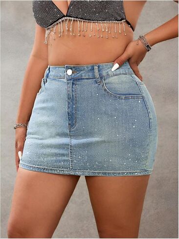 MakeMeChic Women's Plus Size Bodycon Denim Mini Skirt Rhinestone High Waisted Summer Y2K Jean Skirts in Kuwait