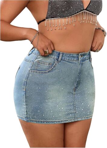 MakeMeChic Women's Plus Size Bodycon Denim Mini Skirt Rhinestone High Waisted Summer Y2K Jean Skirts in Saudi Arabia