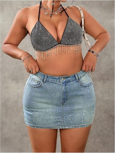 MakeMeChic Women's Plus Size Bodycon Denim Mini Skirt Rhinestone High Waisted Summer Y2K Jean Skirts in Saudi Arabia