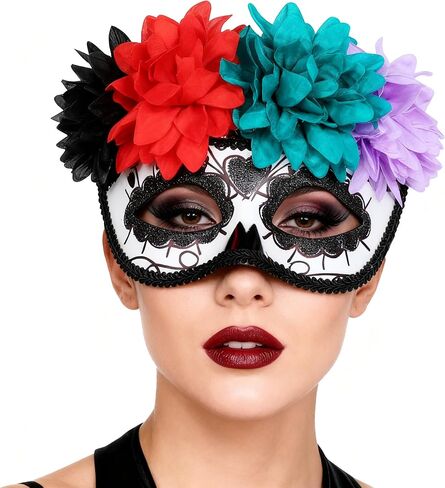GREUS Sugar Skull Mask Women Mexican Day of the Dead Mask Flower Masquerade Mask Costume Half Face Mask for Halloween in Saudi Arabia