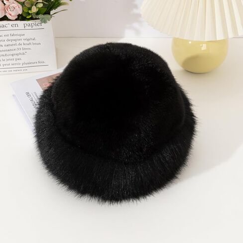 Women's Faux Fur Bucket Hat - Winter Warmth Bucket Hat Fluffy Snow Hat Fuzzy Fisherman Cap Warm Cute in Saudi Arabia