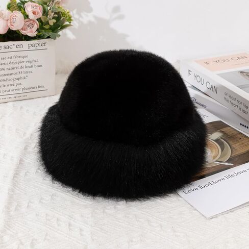 Women's Faux Fur Bucket Hat - Winter Warmth Bucket Hat Fluffy Snow Hat Fuzzy Fisherman Cap Warm Cute in Saudi Arabia