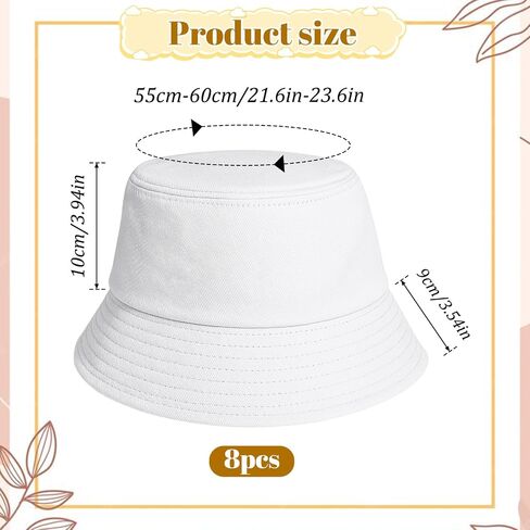 8 PCS White Bucket Hats Bulk for Women Men Cotton Summer Sun Beach Hat Sublimation Blank Bucket Hat for Casual, Trips, Sports in Saudi Arabia