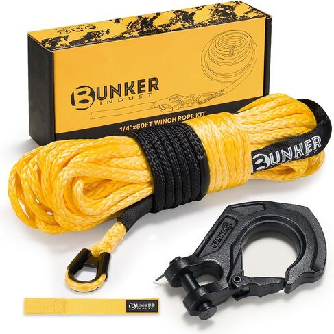 Bunker INDUST طقم حبل ونش صناعي مقاس 1/4 بوصة × 50 بوصة، خط ونش 11023 رطل مع كم واقي + خطاف ونش مزورة + حزام، استبدال كابل ونش نايلون لـ 3500-6000 رطل ونش على الطرق الوعرة ATV UTV in Kuwait