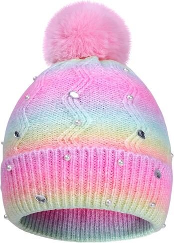 Kids Winter Knit Hat with Pompom - Sparkly Sequin & Pearl Rhinestone Beanie, Warm Ski Cap for Boys & Girls Ages 3-14 in Saudi Arabia