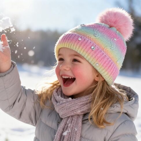 Kids Winter Knit Hat with Pompom - Sparkly Sequin & Pearl Rhinestone Beanie, Warm Ski Cap for Boys & Girls Ages 3-14 in Saudi Arabia