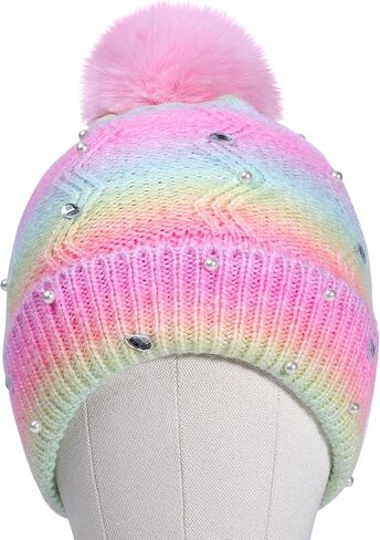Kids Winter Knit Hat with Pompom - Sparkly Sequin & Pearl Rhinestone Beanie, Warm Ski Cap for Boys & Girls Ages 3-14 in Saudi Arabia