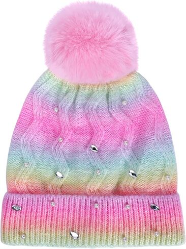 Kids Winter Knit Hat with Pompom - Sparkly Sequin & Pearl Rhinestone Beanie, Warm Ski Cap for Boys & Girls Ages 3-14 in Saudi Arabia