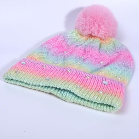 Kids Winter Knit Hat with Pompom - Sparkly Sequin & Pearl Rhinestone Beanie, Warm Ski Cap for Boys & Girls Ages 3-14 in Saudi Arabia