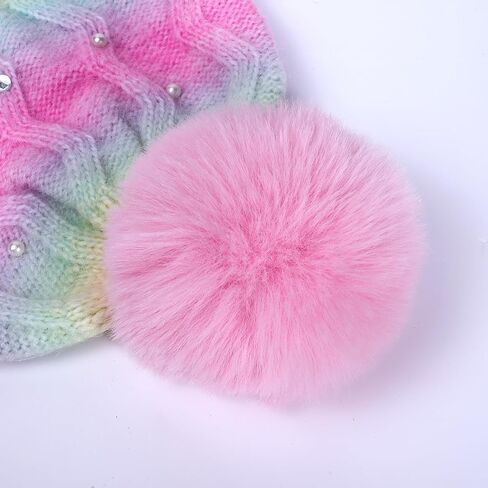 Kids Winter Knit Hat with Pompom - Sparkly Sequin & Pearl Rhinestone Beanie, Warm Ski Cap for Boys & Girls Ages 3-14 in Saudi Arabia