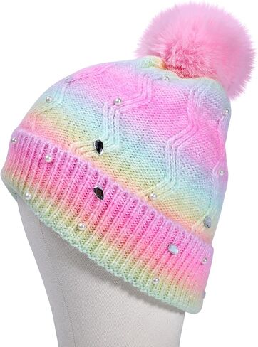 Kids Winter Knit Hat with Pompom - Sparkly Sequin & Pearl Rhinestone Beanie, Warm Ski Cap for Boys & Girls Ages 3-14 in Saudi Arabia