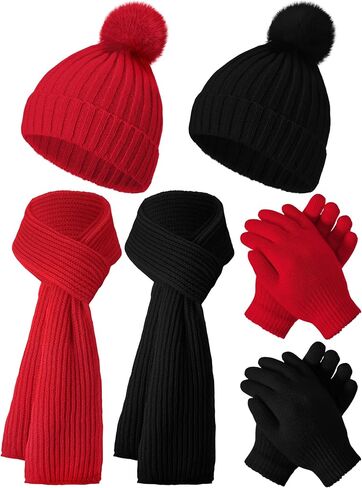 JaGely 2 Sets Kids Winter Hat Gloves Scarf Set Girls and Boys Knit Hat with Pom Warm Scarf Snow Gloves for 3-10 Years Toddler in Kuwait