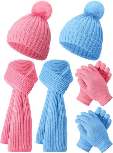 JaGely 2 Sets Kids Winter Hat Gloves Scarf Set Girls and Boys Knit Hat with Pom Warm Scarf Snow Gloves for 3-10 Years Toddler in Kuwait