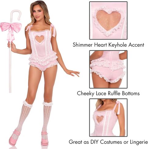 Leg Avenue Womens Boned Ruffle Bodysuit With Glitter Heart Accent and Tie Straps, Pink, MEDIUM in Saudi Arabia