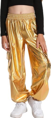2025 Metallic Cargo Pants with Pocket for Girls Hip Hop Glitter Pants Y2k Dancing Shiny Pants Streetwear Back School in Saudi Arabia
