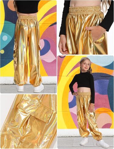 2025 Metallic Cargo Pants with Pocket for Girls Hip Hop Glitter Pants Y2k Dancing Shiny Pants Streetwear Back School in Saudi Arabia