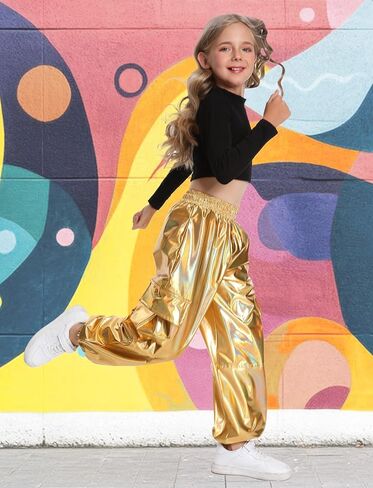 2025 Metallic Cargo Pants with Pocket for Girls Hip Hop Glitter Pants Y2k Dancing Shiny Pants Streetwear Back School in Saudi Arabia