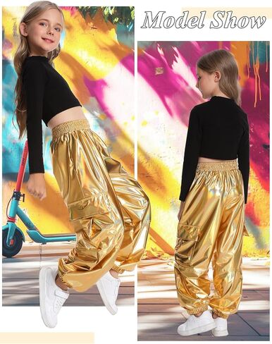 2025 Metallic Cargo Pants with Pocket for Girls Hip Hop Glitter Pants Y2k Dancing Shiny Pants Streetwear Back School in Saudi Arabia