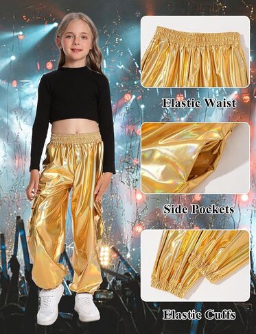 2025 Metallic Cargo Pants with Pocket for Girls Hip Hop Glitter Pants Y2k Dancing Shiny Pants Streetwear Back School in Saudi Arabia