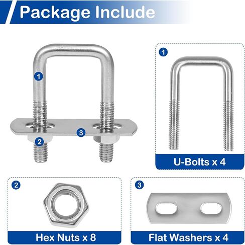 MroMax 4Pcs Square U-Bolts 1-1/2" Inner Width, M8 x 40 x 100mm 304 Stainless Steel U-Bolts with Frame Plates and Nuts, 3.94" Length, for Automobiles Trailer, Ski Boat, Sailboat and Trailer in Saudi Arabia