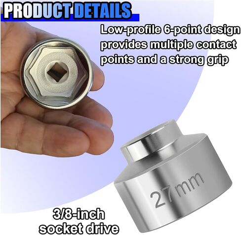 27mm Car Oil Filter Socket Wrench, 3/8" Drive Filters Cap Wrench Tool with 6-Point Hex Design, Chrome Vanadium Steel Socket Quickly Oil Filter Removal Tool for Most Car Models (27MM) in Saudi Arabia