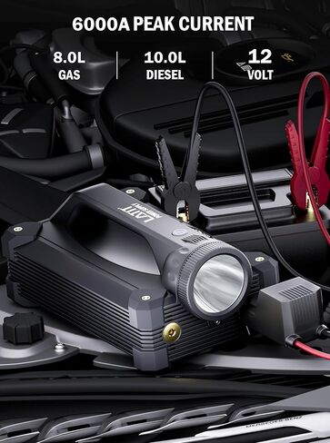 LATIT 6000A Jump Starter مع ضاغط هواء 150PSI شاحن 65 وات، حزمة بطارية سيارة 12 فولت محمولة (10 لتر غاز/8 لتر ديزل)، صندوق قفز 103.6 وات في الساعة مع شاشة LCD، كابلات توصيل، أضواء 2000 لومين in Kuwait