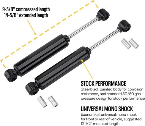 Speedway Motors Mono Tube Shocks, Black Painted, High-Pressure Gas Shocks, 12-1/2" Mounted Length, Adjustable Bushings for 1/2" or 5/8" Bolts, 9-5/8" to 14-5/8" Travel, Sold as a Pair in Saudi Arabia