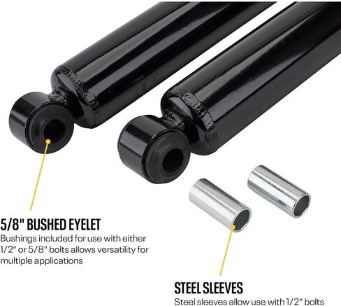 Speedway Motors Mono Tube Shocks, Black Painted, High-Pressure Gas Shocks, 12-1/2" Mounted Length, Adjustable Bushings for 1/2" or 5/8" Bolts, 9-5/8" to 14-5/8" Travel, Sold as a Pair in Saudi Arabia