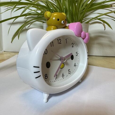 Cute Cat Alarm Clock, Kawaii Alarm Clock，Cartoon Cat Clock，Cute Clock，White with Pink Bow, Yellow Bear Topper, Kids Room Decor (White with Little Bear) in Saudi Arabia
