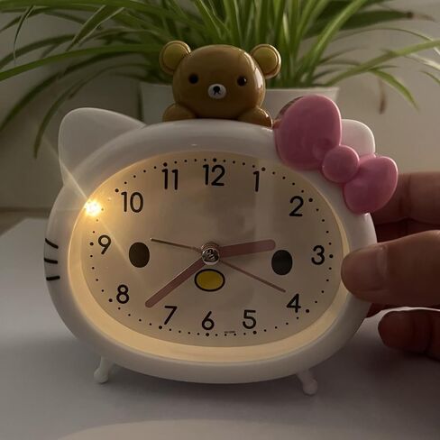 Cute Cat Alarm Clock, Kawaii Alarm Clock，Cartoon Cat Clock，Cute Clock，White with Pink Bow, Yellow Bear Topper, Kids Room Decor (White with Little Bear) in Saudi Arabia