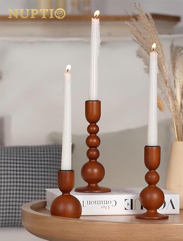 NUPTIO Taper Candle Holders Decor: Set of 3 Wooden Candlestick Holders Mantel Decor - Boho Farmhouse Rustic White in Saudi Arabia