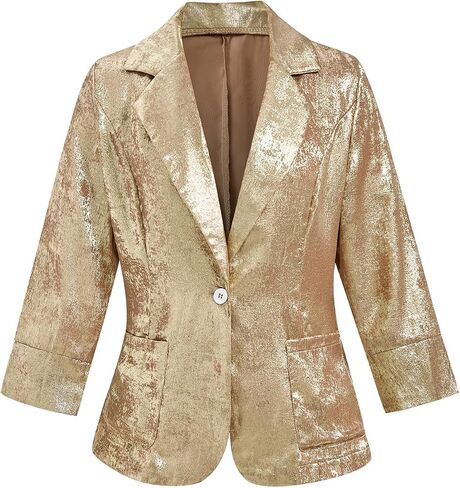 Women's 3/4 Sleeve Notched Lapel Collar Button Front Blazer Shiny Party Jacket with Pockets in Saudi Arabia