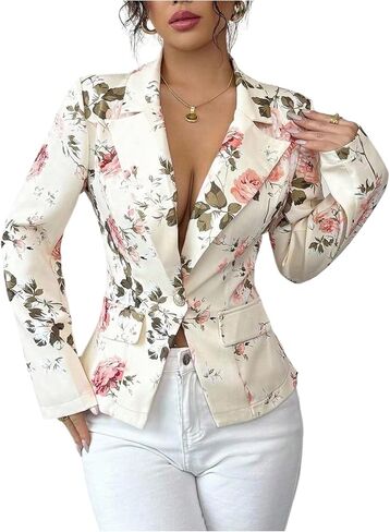 SweatyRocks Women's V Neck Floral Print Fitted Blazer Lapel Collar Long Sleeve Button Up Office Work Jackets in Saudi Arabia